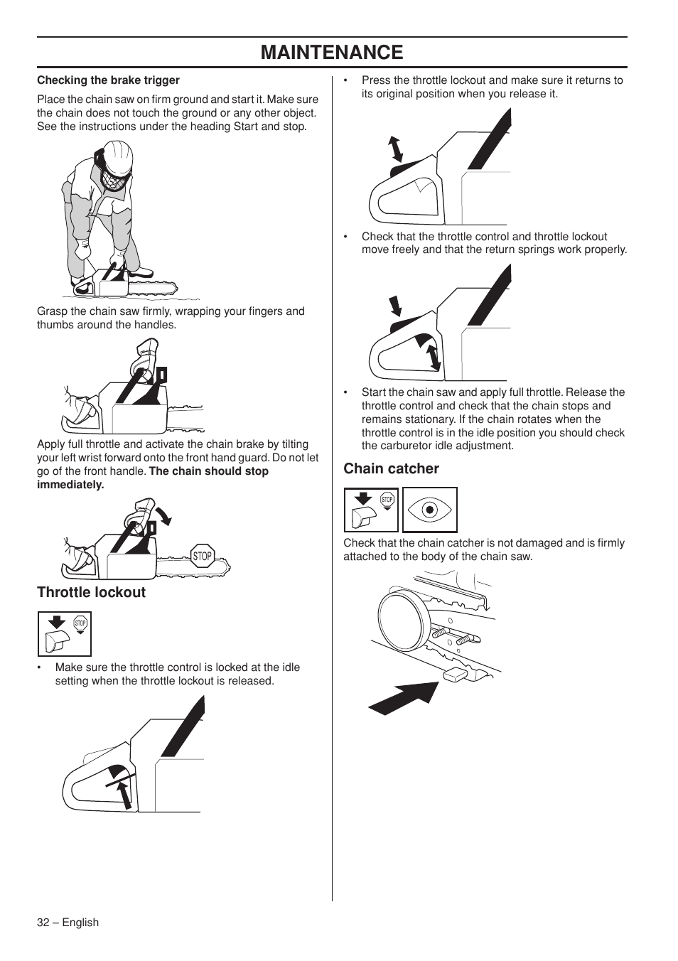 Throttle lockout, Chain catcher, Maintenance | Jonsered CS 2255 User Manual | Page 32 / 44