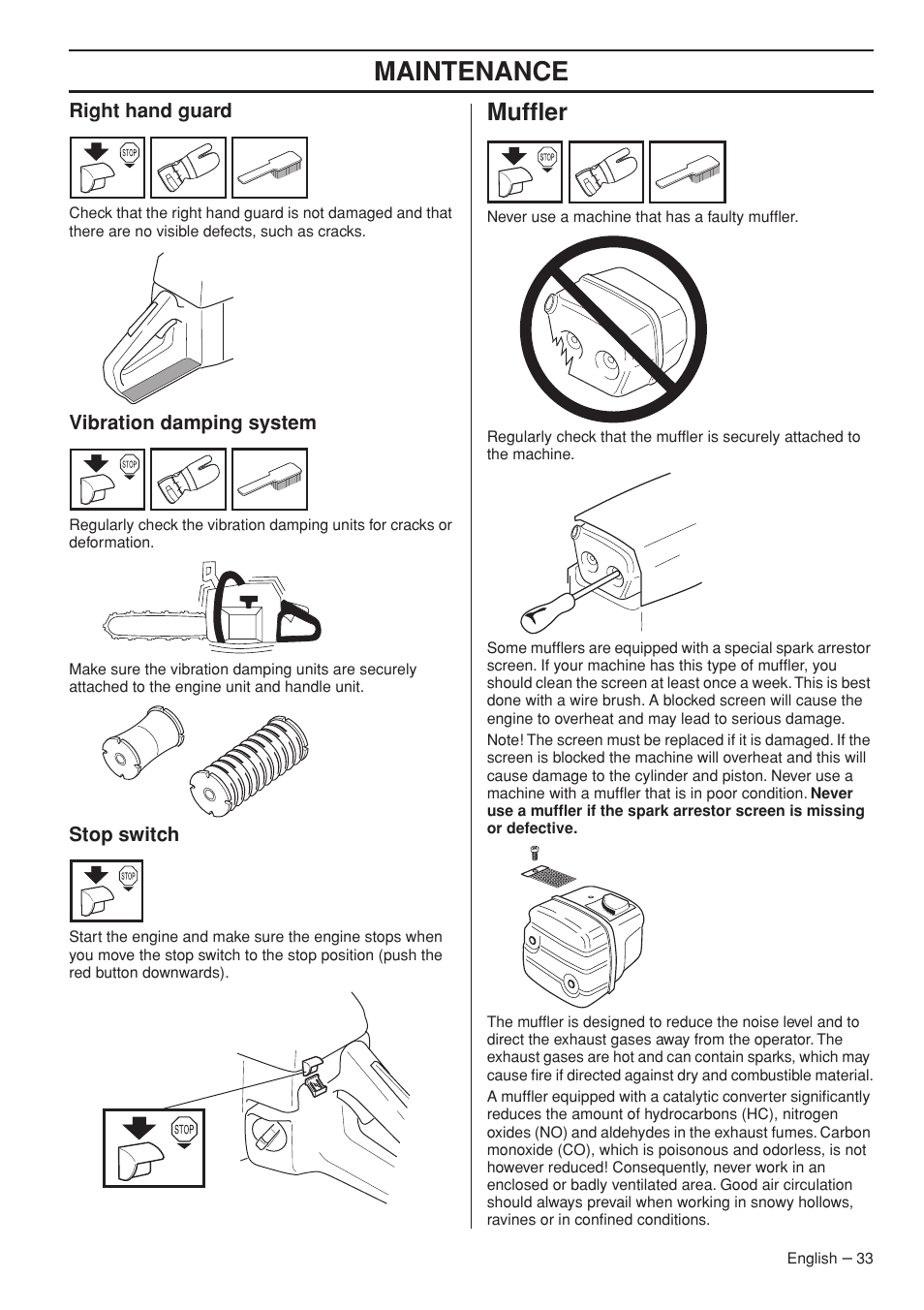 Right hand guard, Vibration damping system, Stop switch | Muffler, Maintenance | Jonsered CS 2255 User Manual | Page 33 / 44