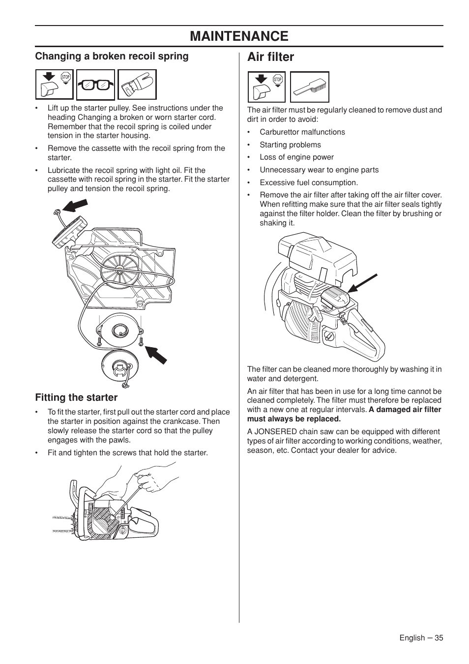 Changing a broken recoil spring, Fitting the starter, Air filter | Maintenance | Jonsered CS 2255 User Manual | Page 35 / 44
