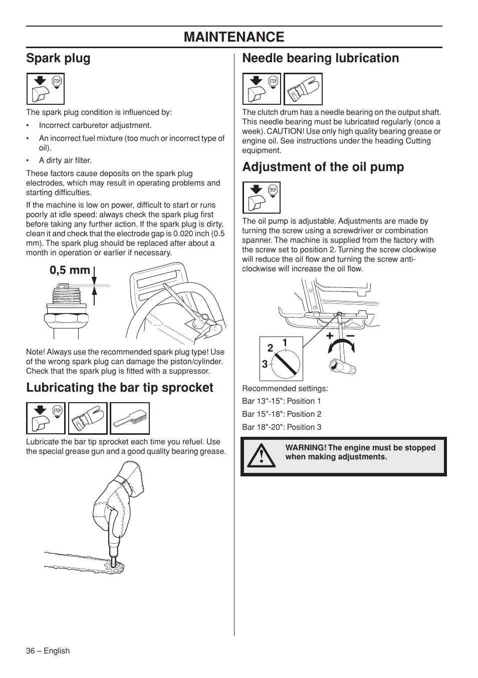 Spark plug, Lubricating the bar tip sprocket, Needle bearing lubrication | Adjustment of the oil pump, Maintenance | Jonsered CS 2255 User Manual | Page 36 / 44