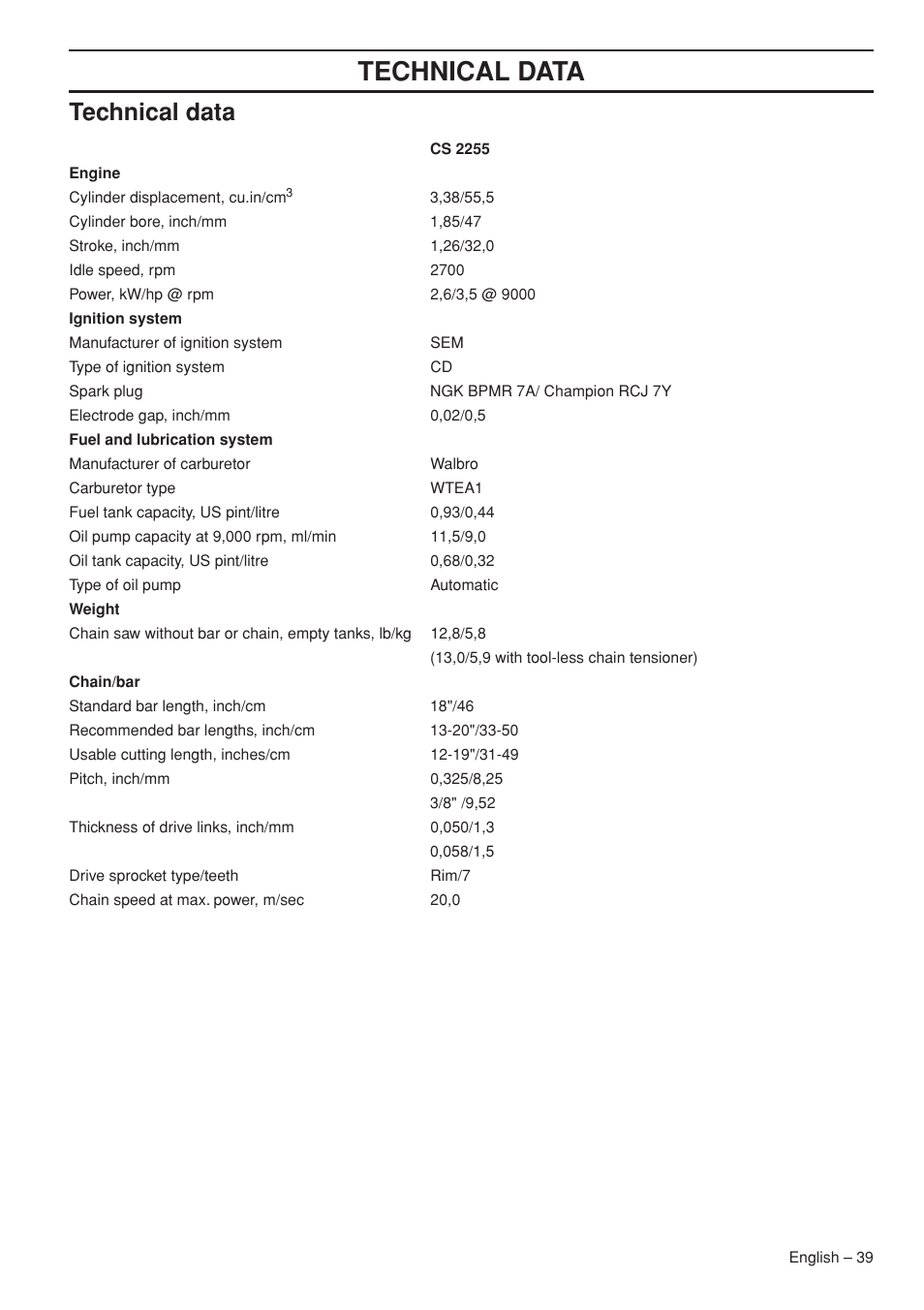 Technical data | Jonsered CS 2255 User Manual | Page 39 / 44