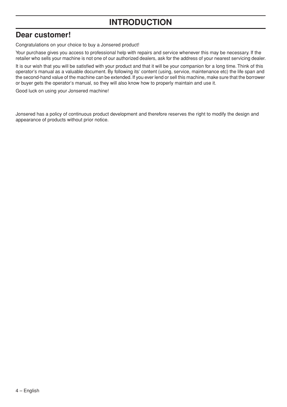 Dear customer, Intr oduction | Jonsered CS 2255 User Manual | Page 4 / 44