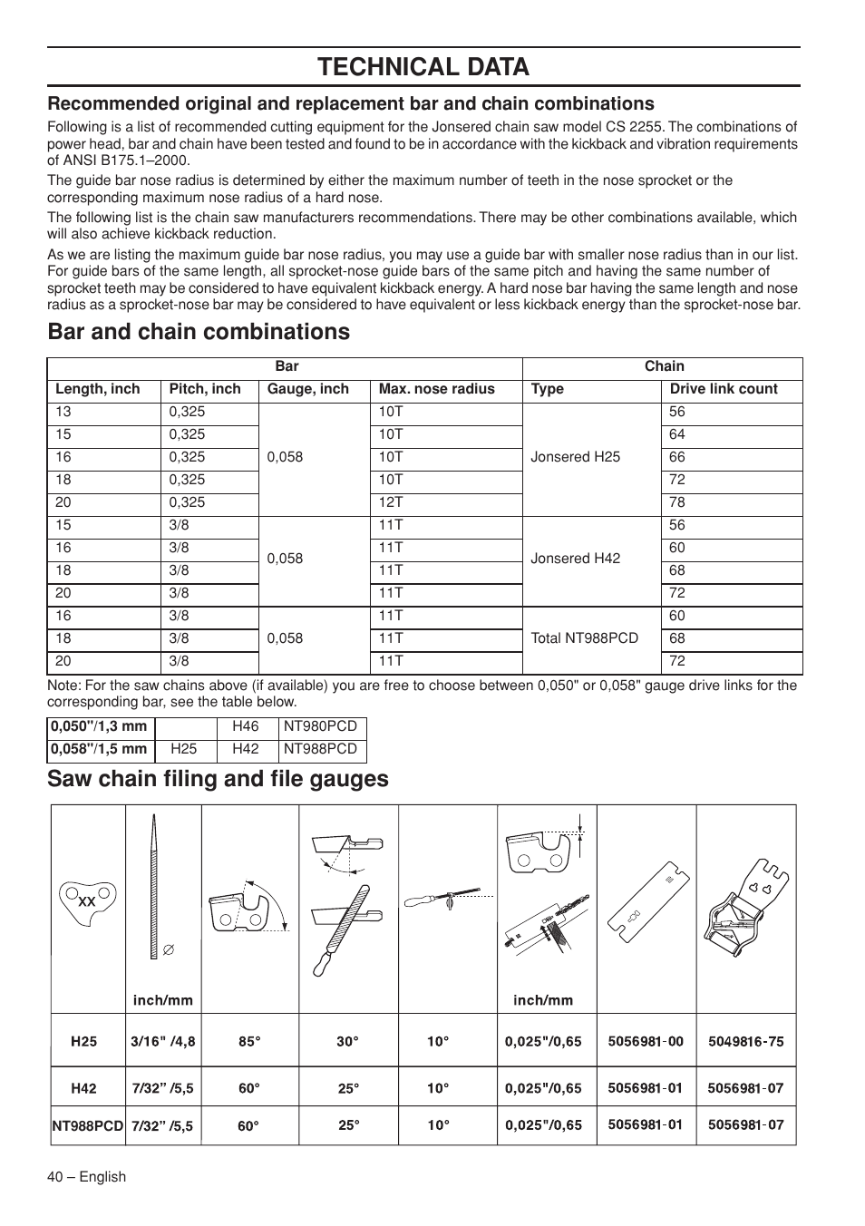 Bar and chain combinations, Saw chain filing and file gauges, Technical data | Jonsered CS 2255 User Manual | Page 40 / 44