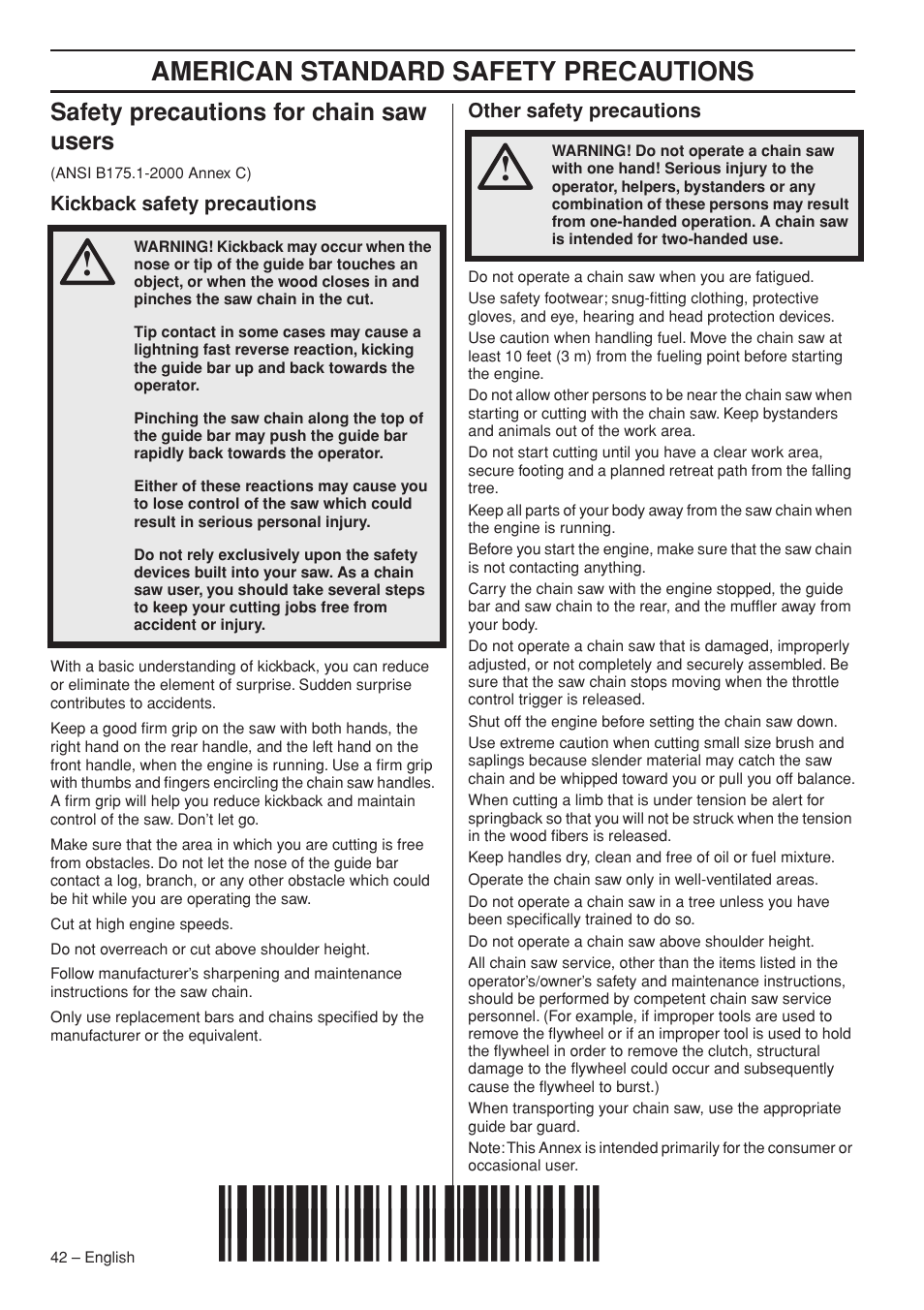 Safety precautions for chain saw users, Kickback safety precautions, Other safety precautions | Z+sfq¶53, American standard safety precautions | Jonsered CS 2255 User Manual | Page 42 / 44