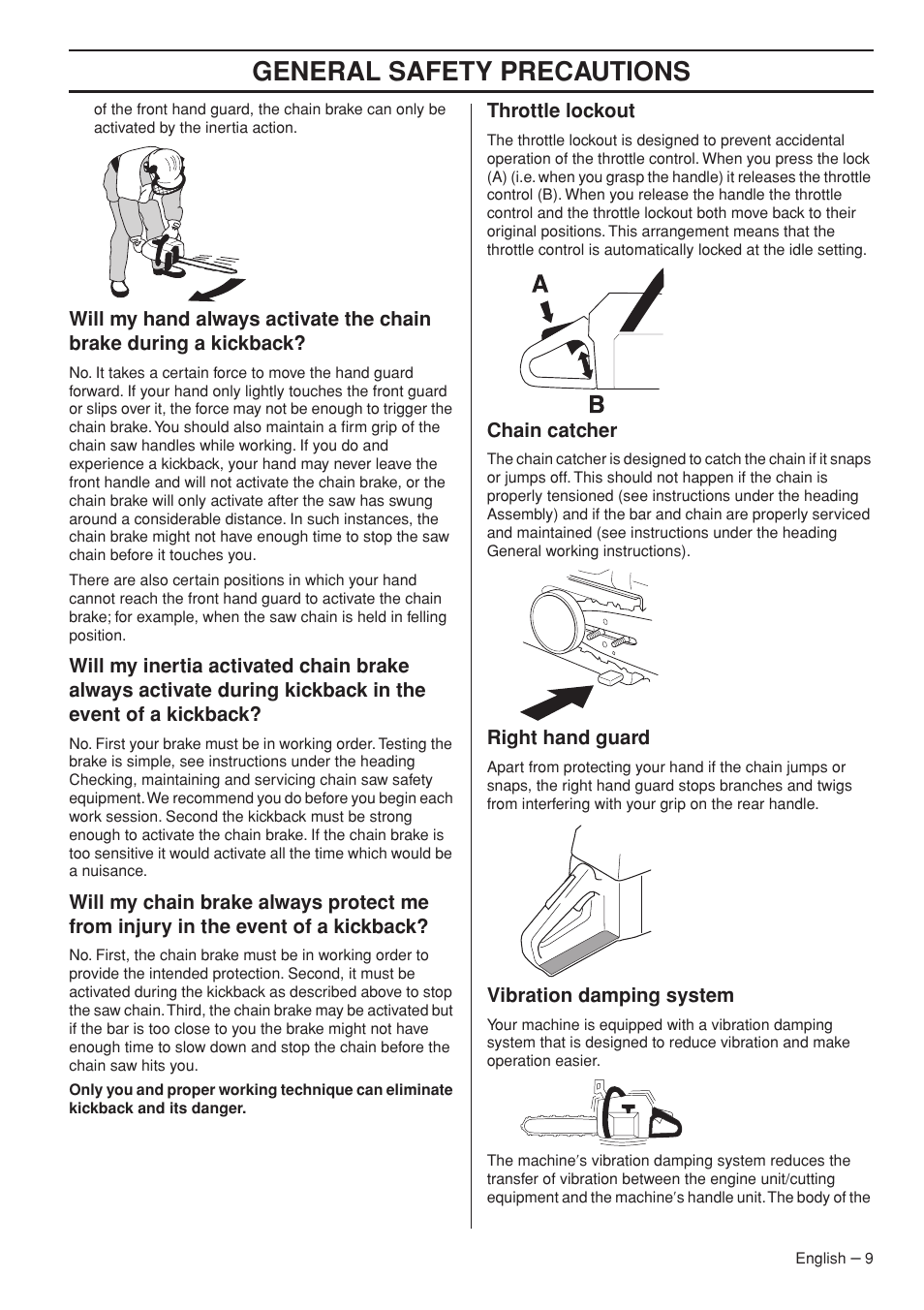 Throttle lockout, Chain catcher, Right hand guard | Vibration damping system, General safety precautions | Jonsered CS 2255 User Manual | Page 9 / 44