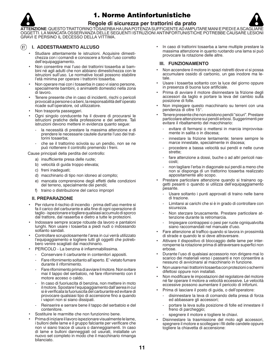 Norme antinfortunistiche, Regole di sicurezza per trattorini da prato | Jonsered LT2213A User Manual | Page 11 / 80