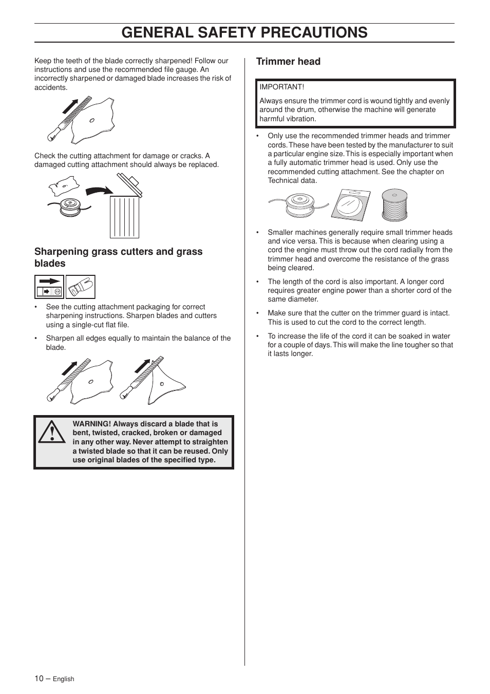 Sharpening grass cutters and grass blades, Trimmer head, General safety precautions | Jonsered BC2053 User Manual | Page 10 / 32