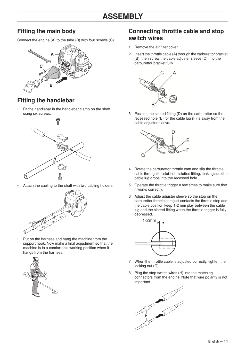 Fitting the main body, Fitting the handlebar, Connecting throttle cable and stop switch wires | Assembly | Jonsered BC2053 User Manual | Page 11 / 32