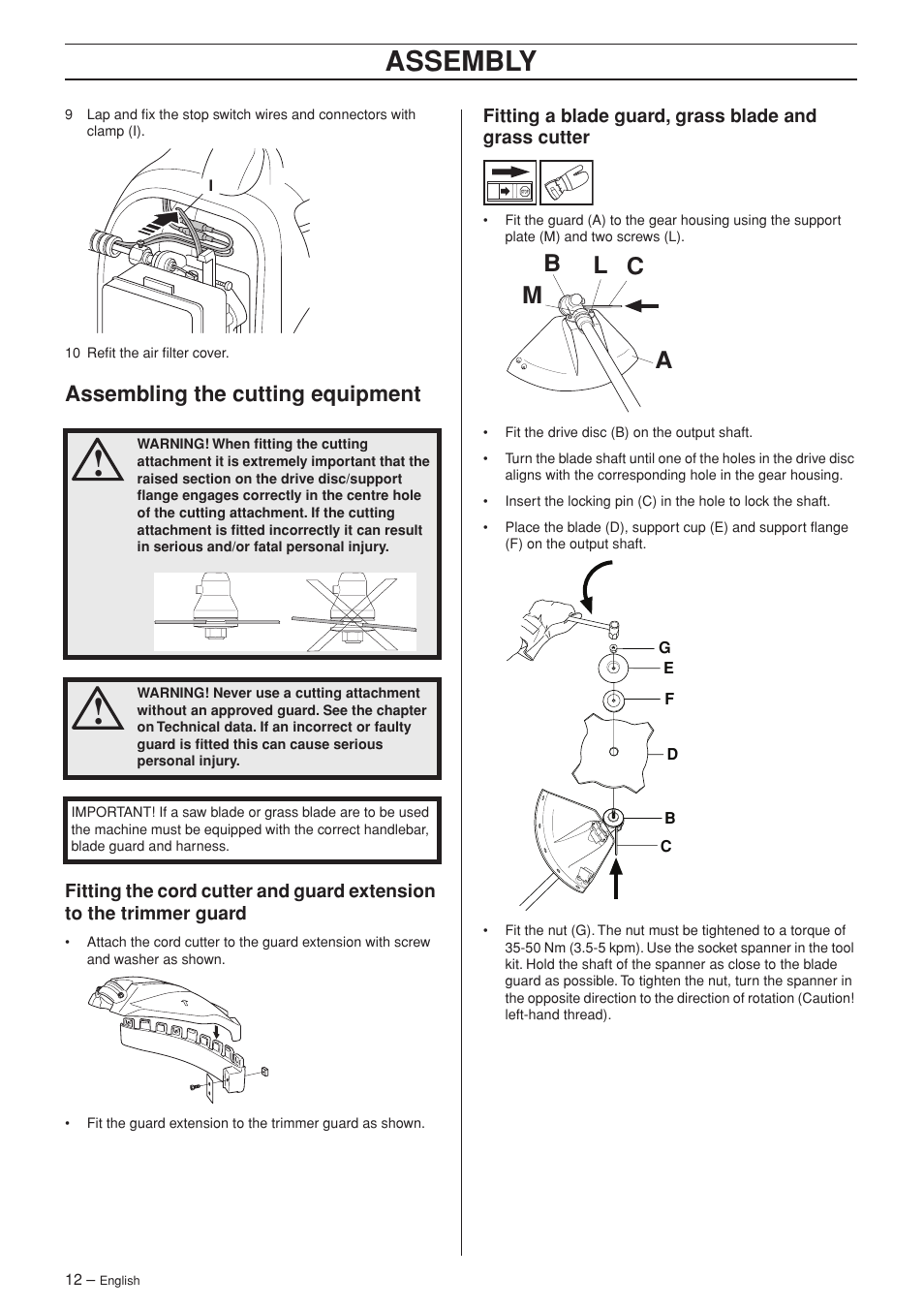 Assembling the cutting equipment, Assembly, Ml a c b | Jonsered BC2053 User Manual | Page 12 / 32