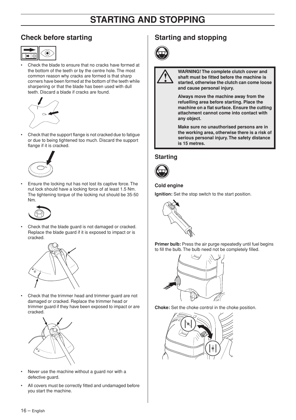 Check before starting, Starting and stopping, Starting | Jonsered BC2053 User Manual | Page 16 / 32