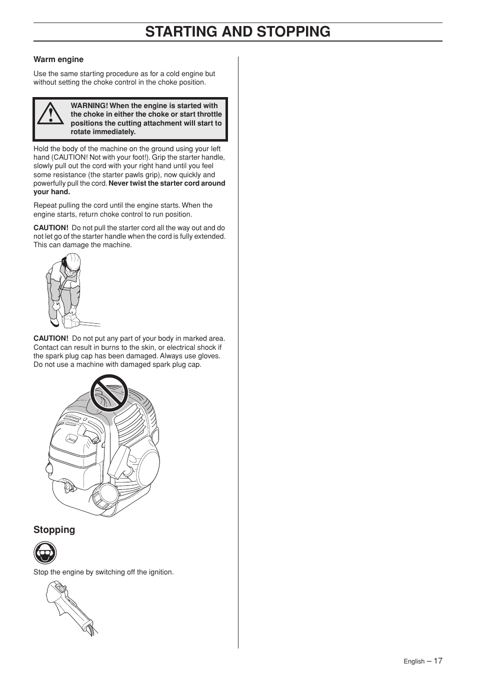 Stopping, Starting and stopping | Jonsered BC2053 User Manual | Page 17 / 32