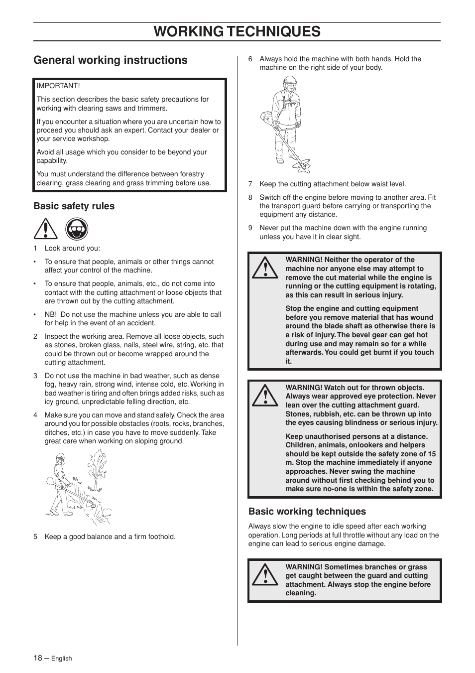 General working instructions, Basic safety rules, Basic working techniques | Working techniques | Jonsered BC2053 User Manual | Page 18 / 32