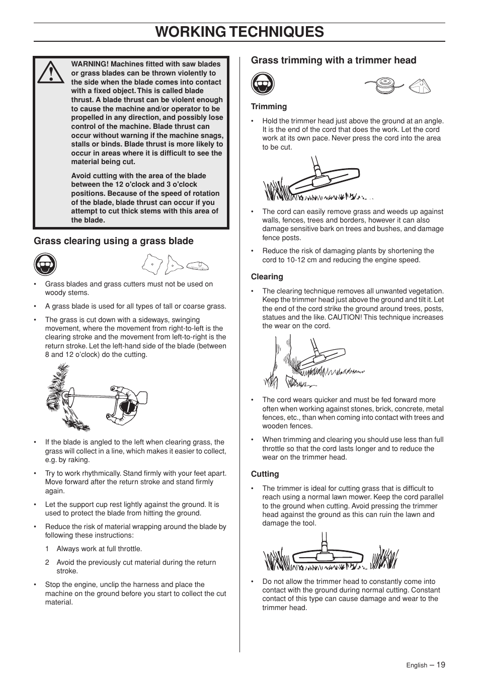 Grass clearing using a grass blade, Grass trimming with a trimmer head, Working techniques | Jonsered BC2053 User Manual | Page 19 / 32