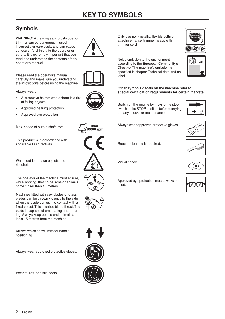 Symbols, Key t o symbols | Jonsered BC2053 User Manual | Page 2 / 32