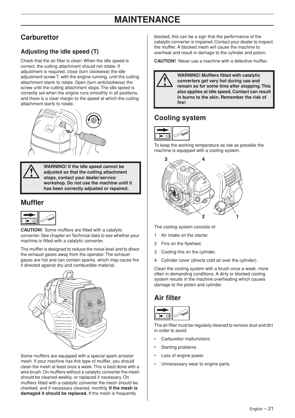 Carburettor, Adjusting the idle speed (t), Muffler | Cooling system, Air filter, Maintenance | Jonsered BC2053 User Manual | Page 21 / 32