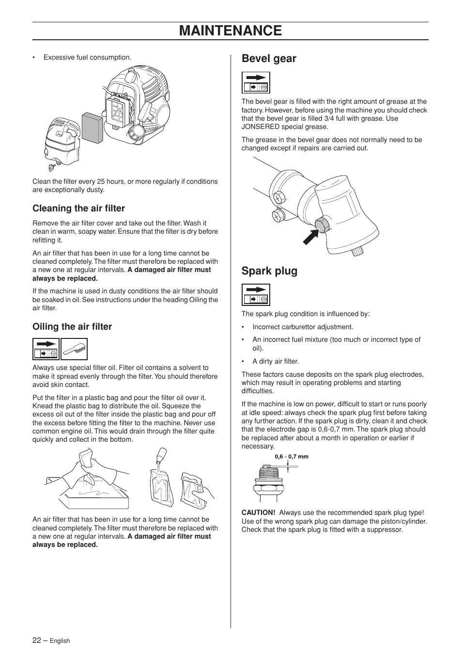 Cleaning the air filter, Oiling the air filter, Bevel gear | Spark plug, Maintenance | Jonsered BC2053 User Manual | Page 22 / 32