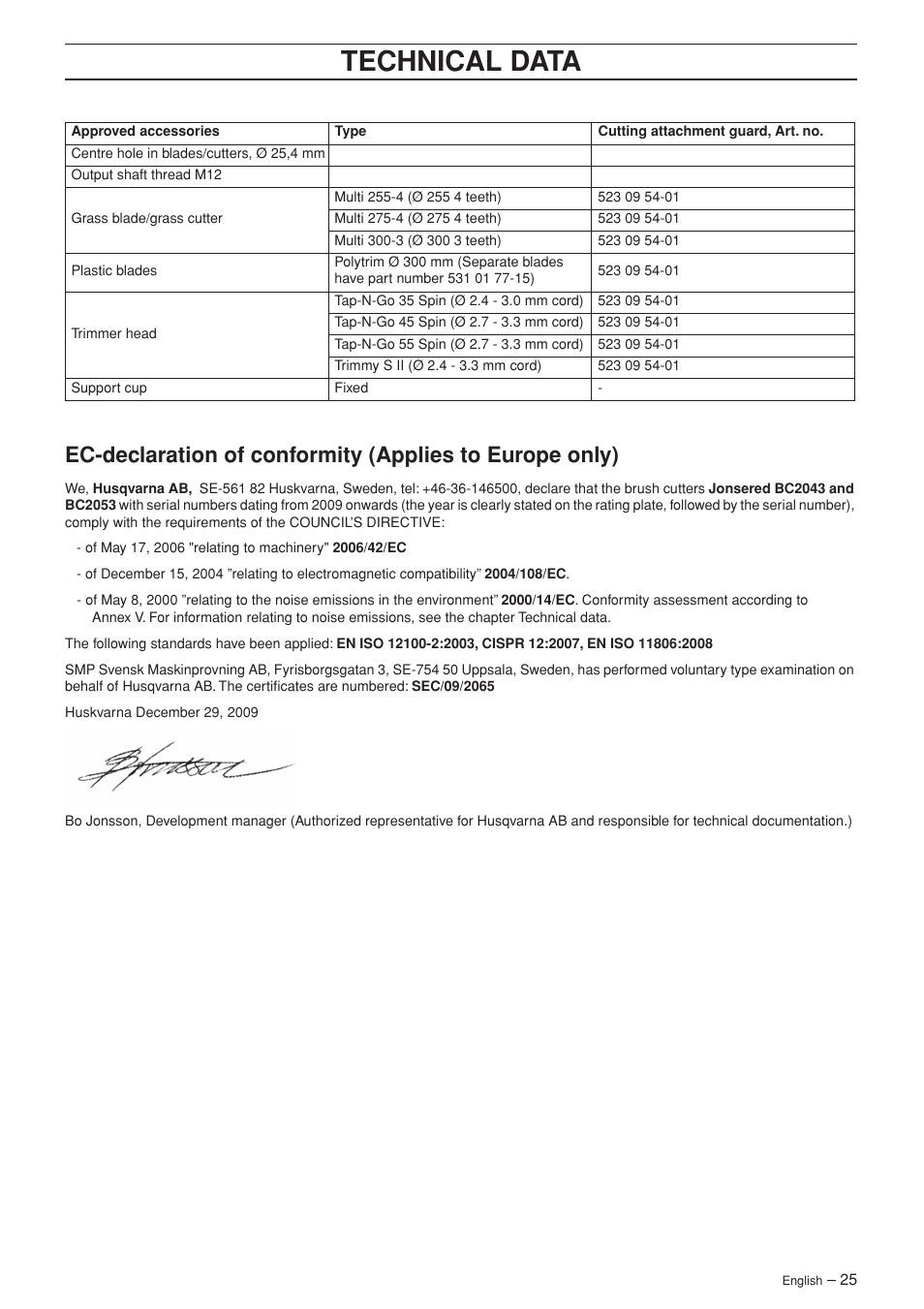 Technical data | Jonsered BC2053 User Manual | Page 25 / 32