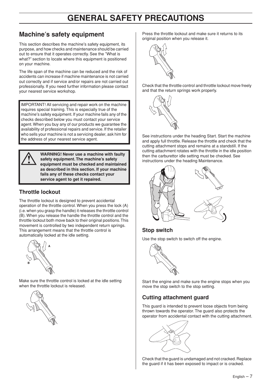 Machine¢s safety equipment, Throttle lockout, Stop switch | Cutting attachment guard, General safety preca utions, Mac hine ′ s safety equipment | Jonsered BC2053 User Manual | Page 7 / 32