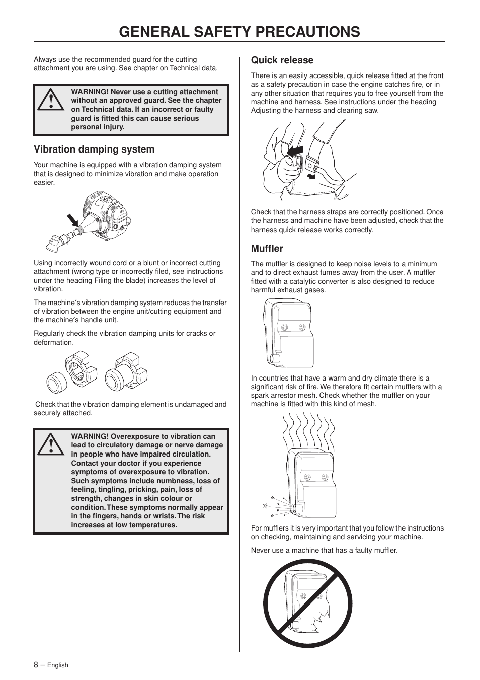 Vibration damping system, Quick release, Muffler | General safety preca utions | Jonsered BC2053 User Manual | Page 8 / 32