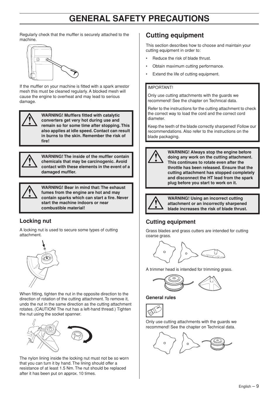 Locking nut, Cutting equipment, General safety precautions | Jonsered BC2053 User Manual | Page 9 / 32