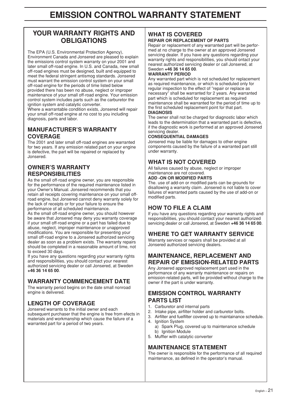 Emission control warranty statement, Your warranty rights and obligations | Jonsered GR2032L User Manual | Page 21 / 28