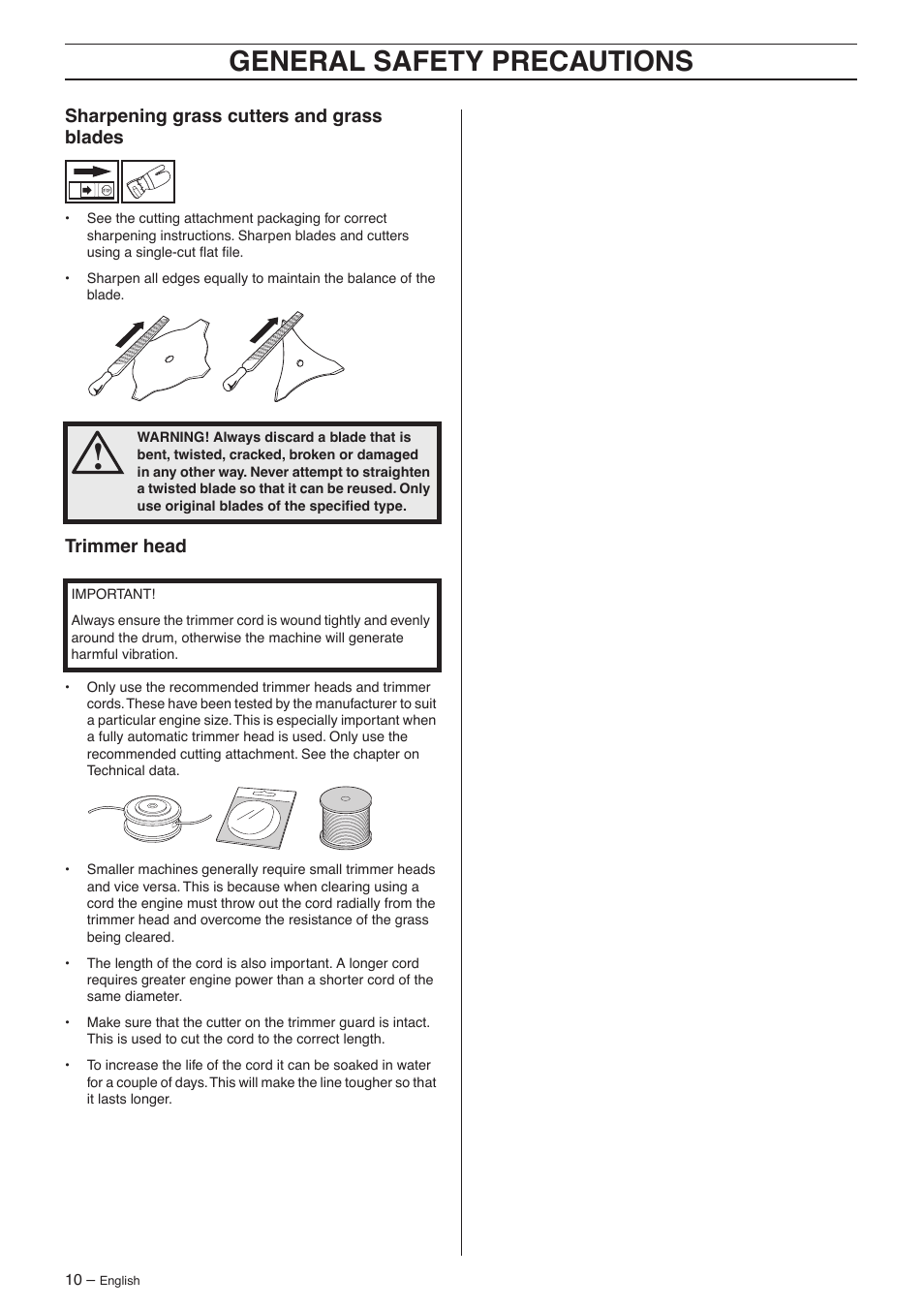 Sharpening grass cutters and grass blades, Trimmer head, General safety precautions | Jonsered GC 2125 User Manual | Page 10 / 36