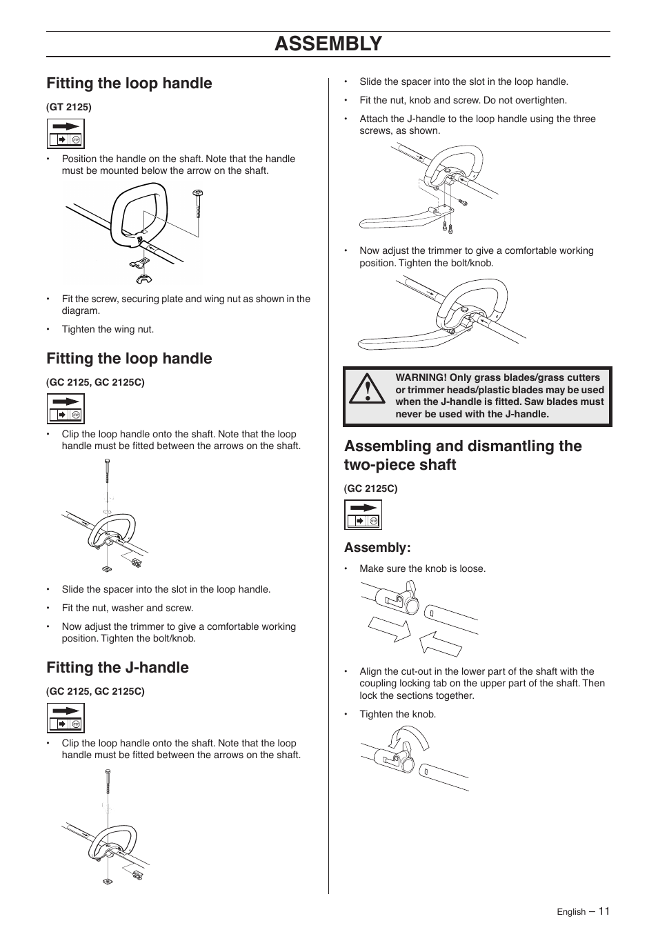 Fitting the loop handle, Fitting the j-handle, Assembling and dismantling the two-piece shaft | Assembly | Jonsered GC 2125 User Manual | Page 11 / 36
