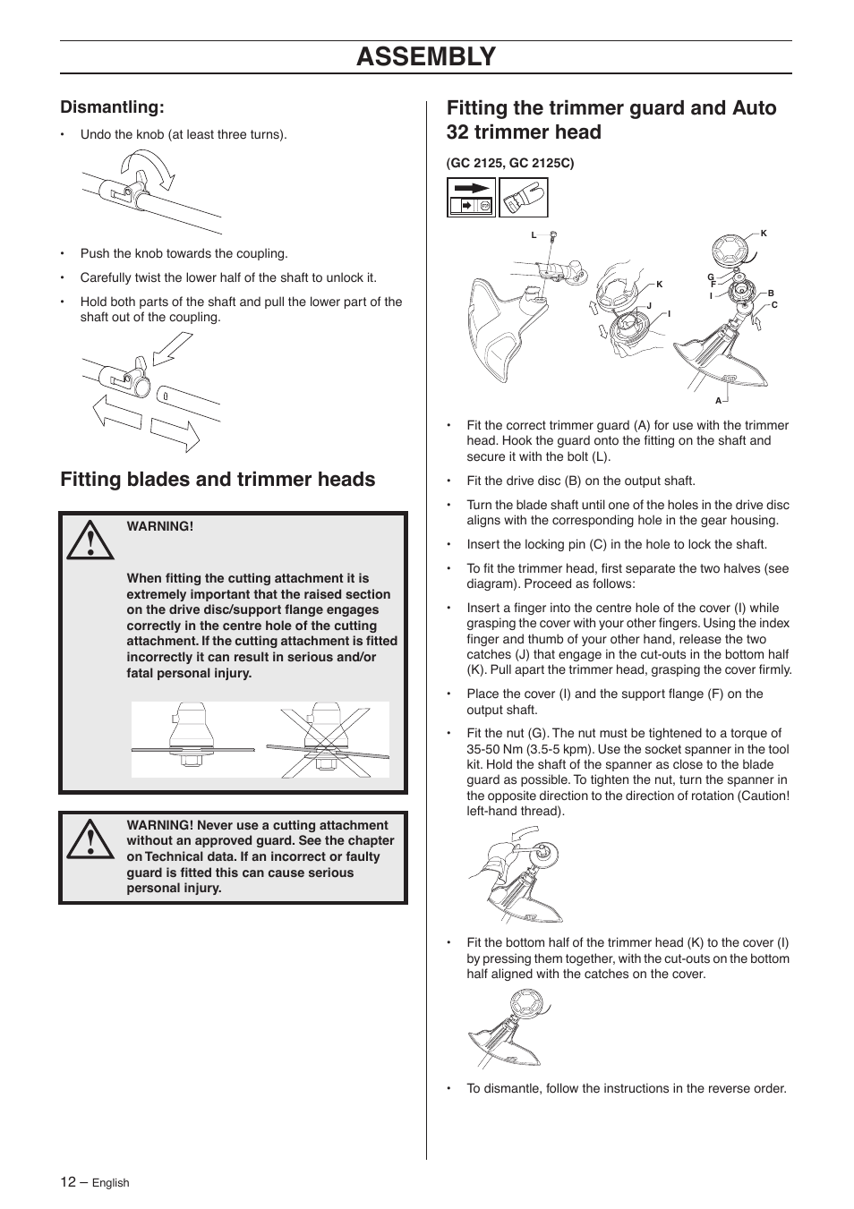 Dismantling, Fitting blades and trimmer heads, Fitting the trimmer guard and auto 32 trimmer head | Assembly | Jonsered GC 2125 User Manual | Page 12 / 36