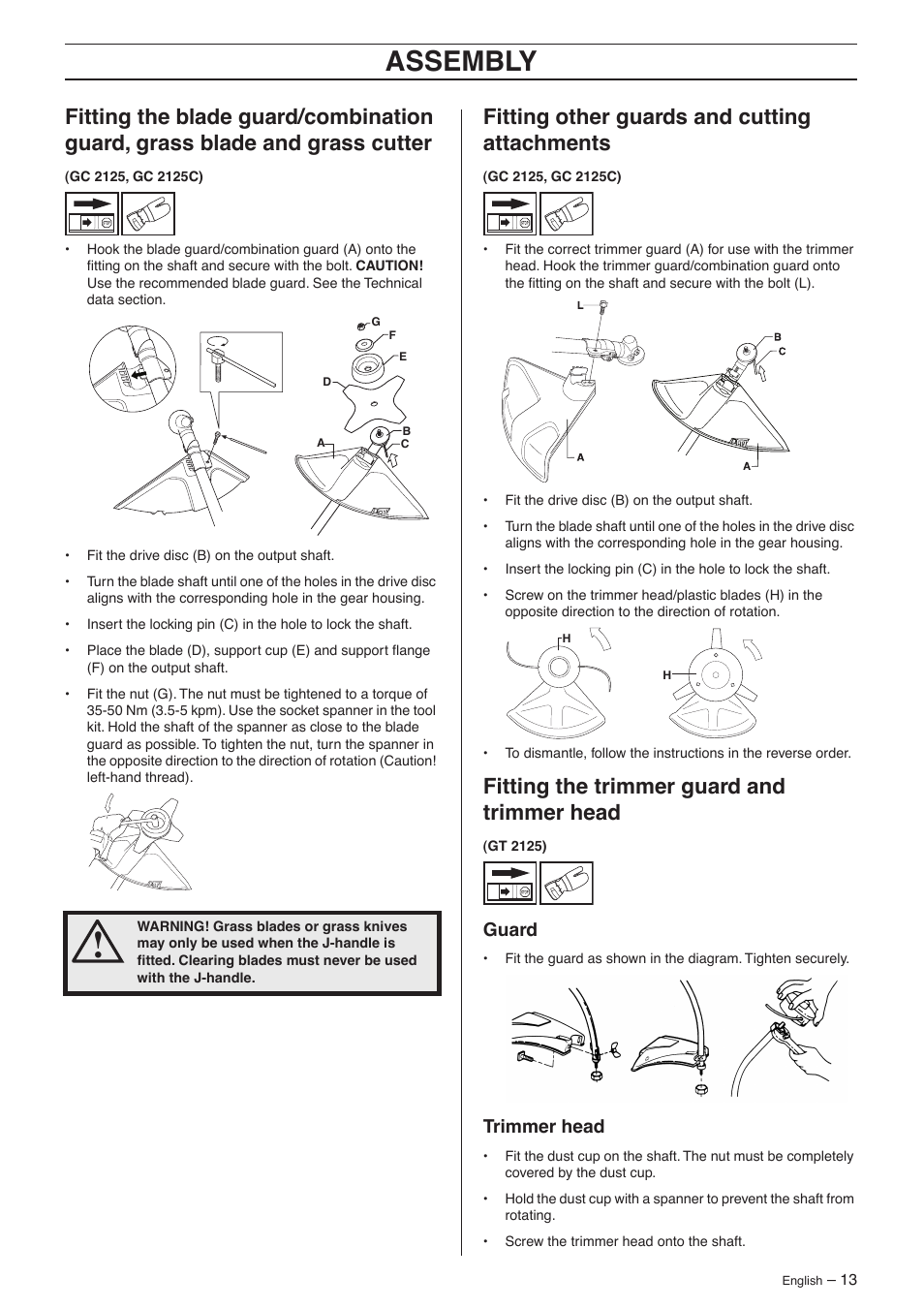 Fitting other guards and cutting attachments, Fitting the trimmer guard and trimmer head, Guard | Trimmer head, Assembly | Jonsered GC 2125 User Manual | Page 13 / 36