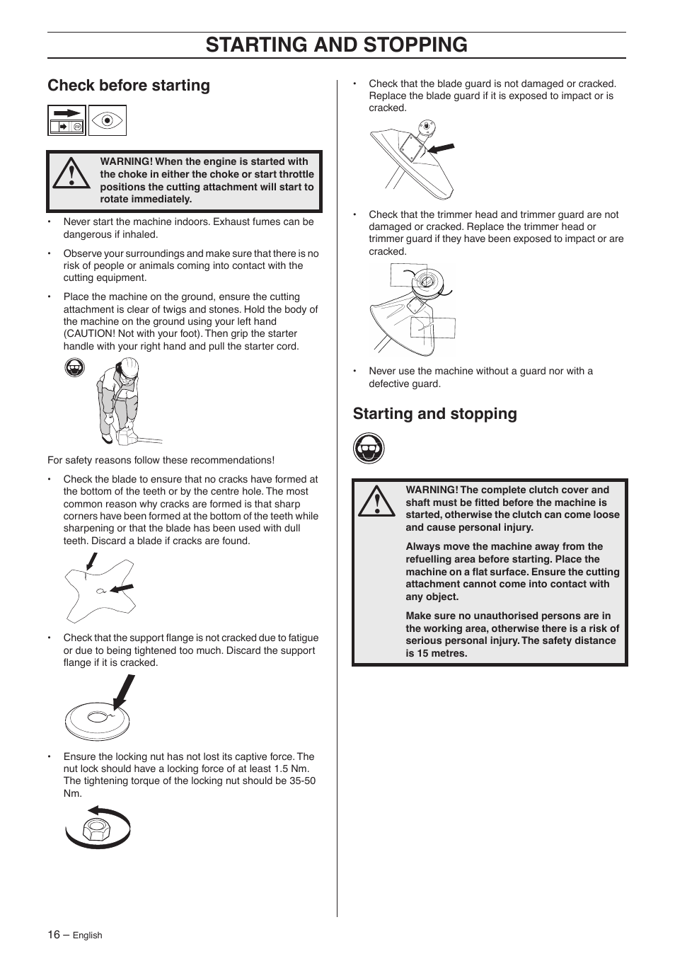 Check before starting, Starting and stopping | Jonsered GC 2125 User Manual | Page 16 / 36