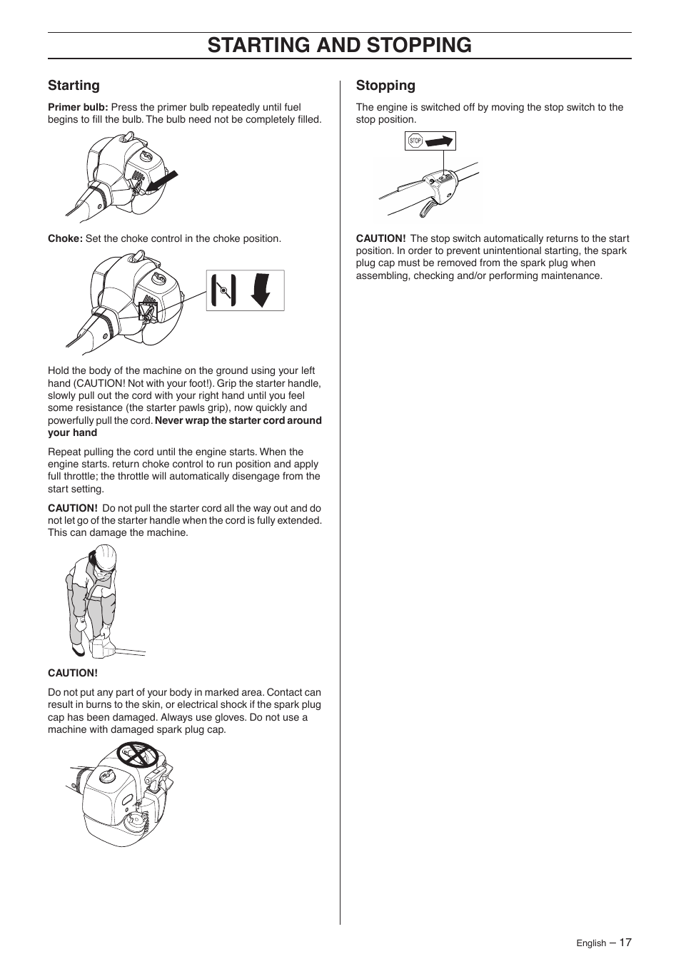 Starting, Stopping, Starting and stopping | Jonsered GC 2125 User Manual | Page 17 / 36