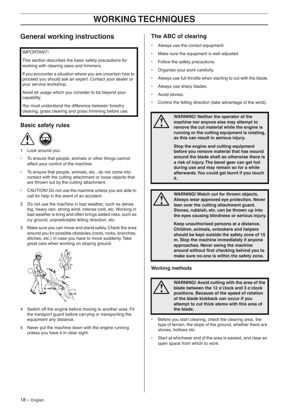 General working instructions, Basic safety rules, The abc of clearing | Working techniques | Jonsered GC 2125 User Manual | Page 18 / 36
