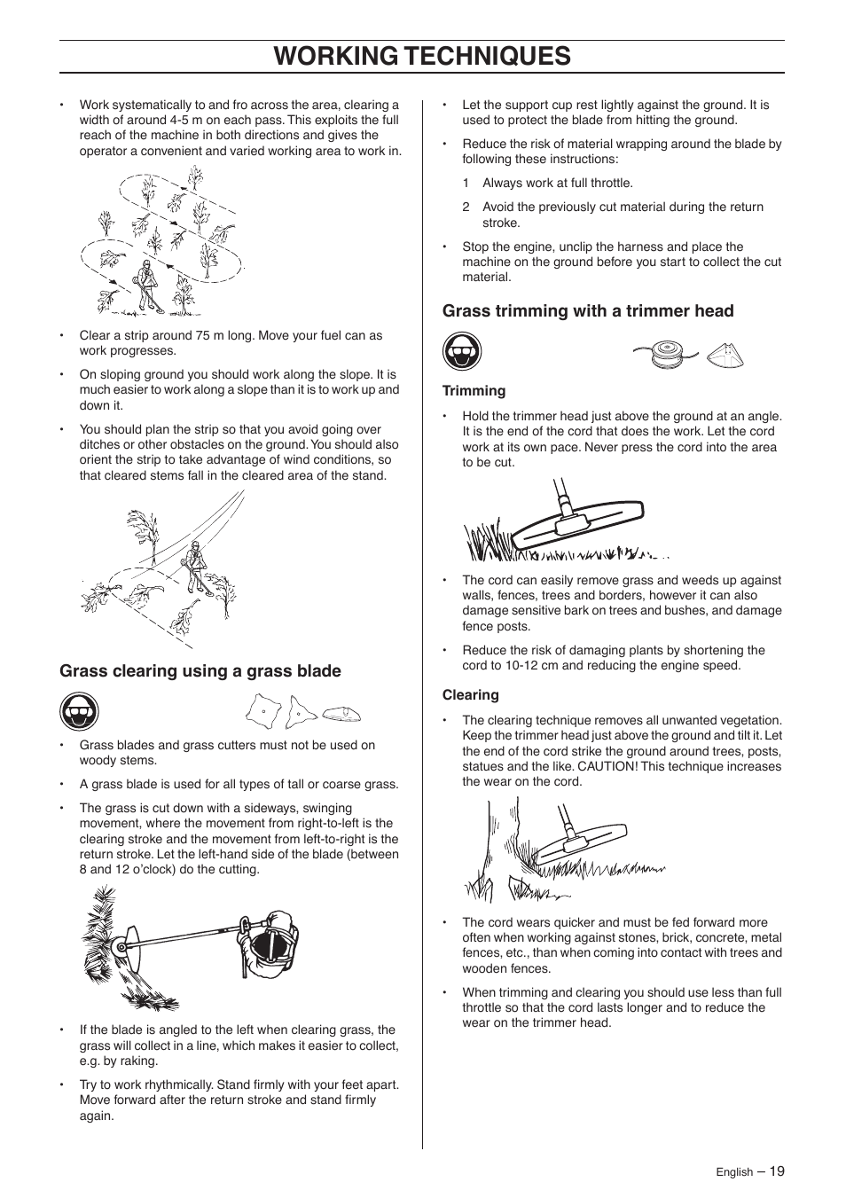 Grass clearing using a grass blade, Grass trimming with a trimmer head, Working techniques | Jonsered GC 2125 User Manual | Page 19 / 36