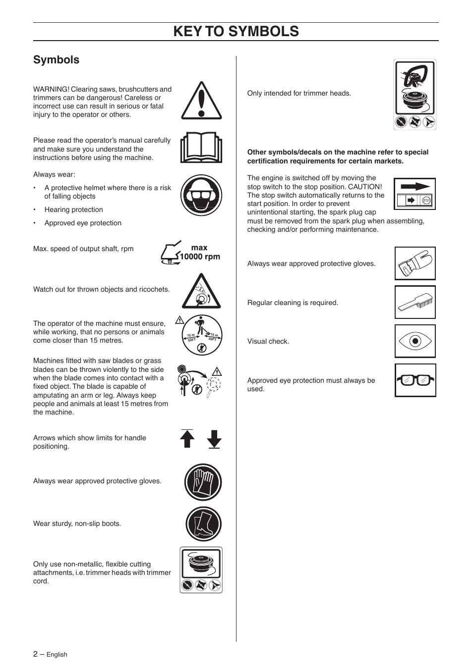 Symbols, Key t o symbols | Jonsered GC 2125 User Manual | Page 2 / 36