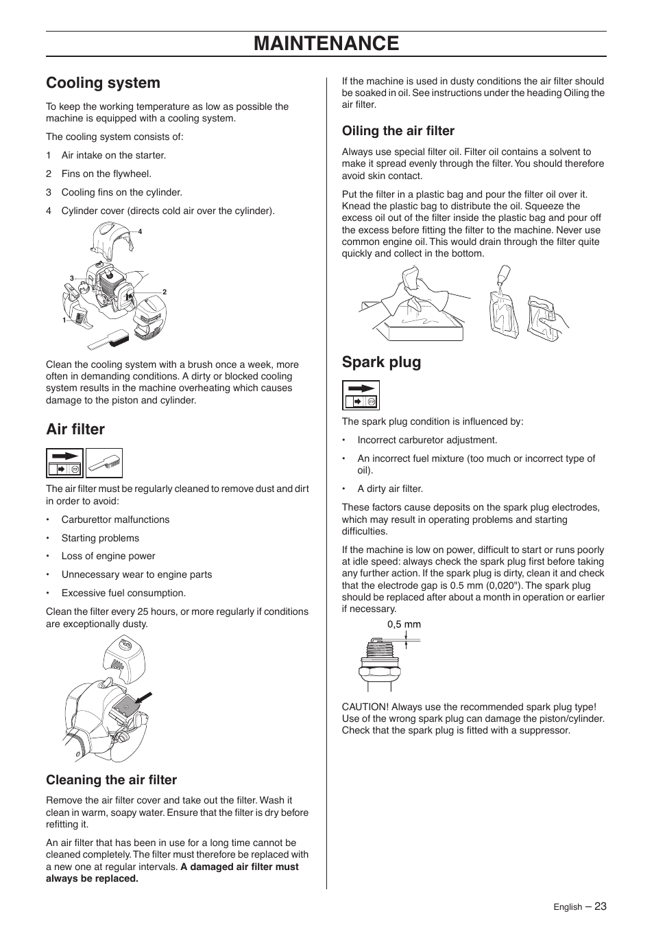 Cooling system, Air filter, Cleaning the air filter | Oiling the air filter, Spark plug, Maintenance | Jonsered GC 2125 User Manual | Page 23 / 36