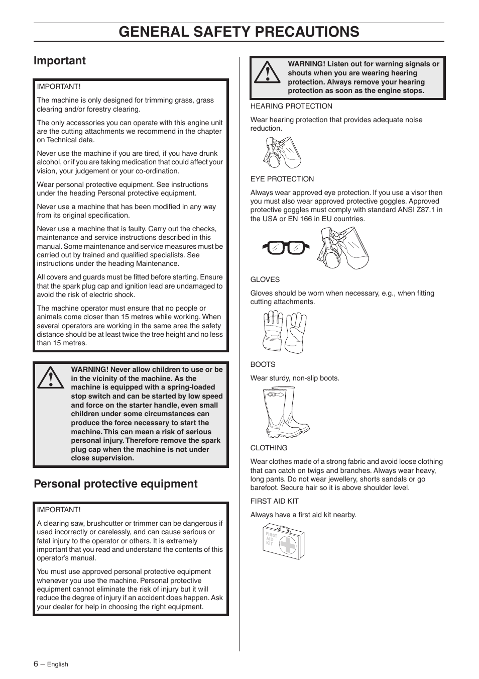 Important, Personal protective equipment, General safety preca utions | Impor tant personal protective equipment | Jonsered GC 2125 User Manual | Page 6 / 36