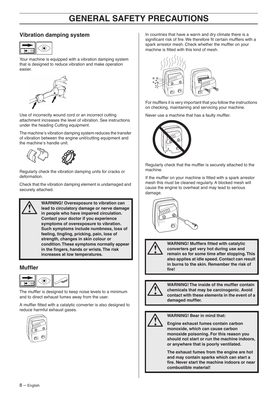 Vibration damping system, Muffler, General safety preca utions | Jonsered GC 2125 User Manual | Page 8 / 36
