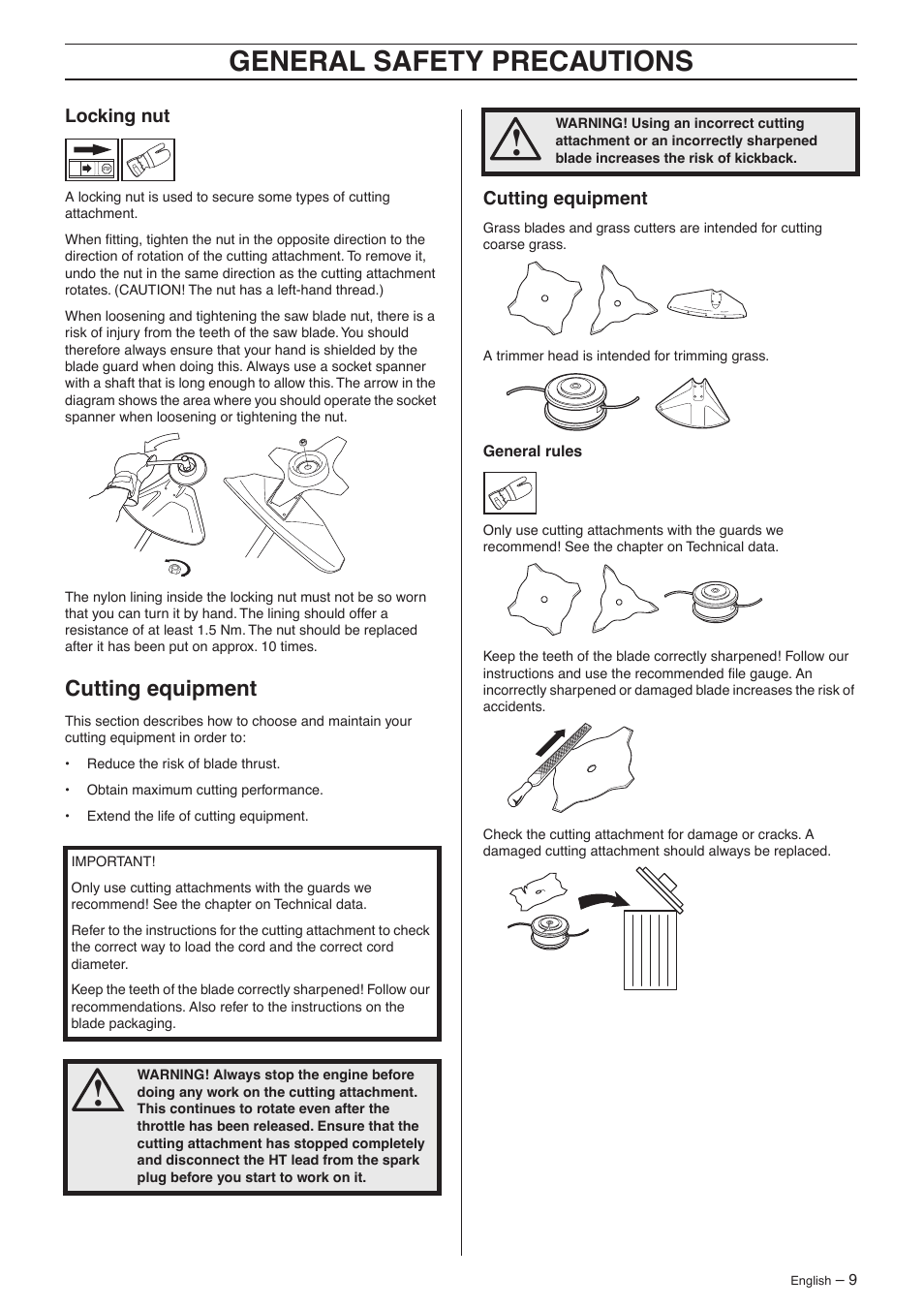 Locking nut, Cutting equipment, General safety precautions | Jonsered GC 2125 User Manual | Page 9 / 36