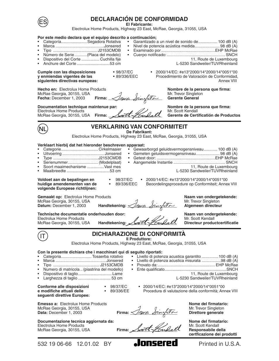 Verklaring van conformiteit, Dichiarazione di conformità | Jonsered LM2153CMD User Manual | Page 24 / 24