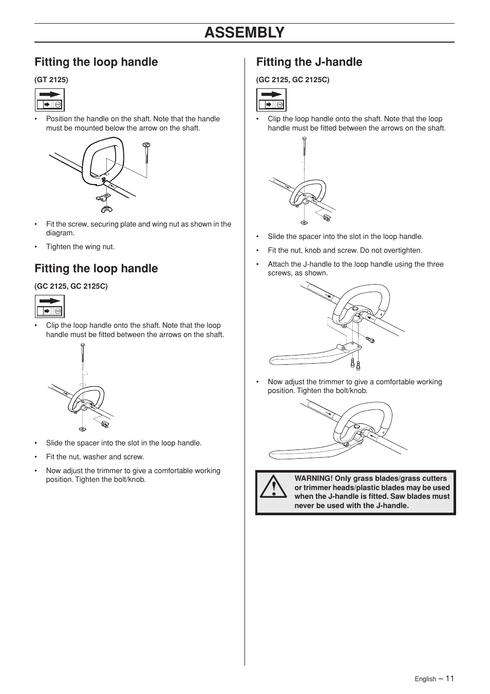 Fitting the loop handle, Fitting the j-handle, Assembly | Jonsered GC 2125C User Manual | Page 11 / 36