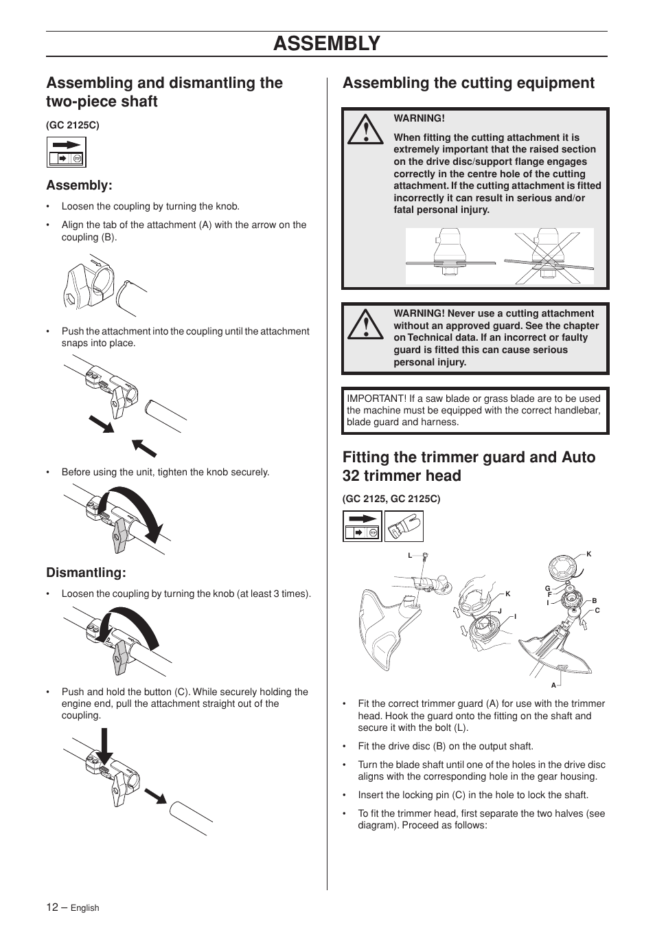 Assembling and dismantling the two-piece shaft, Assembly, Dismantling | Assembling the cutting equipment, Fitting the trimmer guard and auto 32 trimmer head, Ab c | Jonsered GC 2125C User Manual | Page 12 / 36