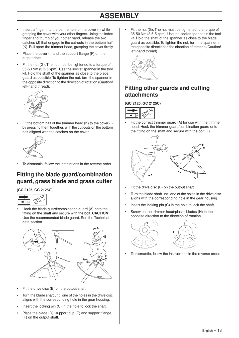 Fitting other guards and cutting attachments, Assembly | Jonsered GC 2125C User Manual | Page 13 / 36