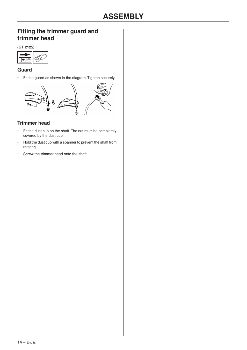 Fitting the trimmer guard and trimmer head, Guard, Trimmer head | Assembly | Jonsered GC 2125C User Manual | Page 14 / 36