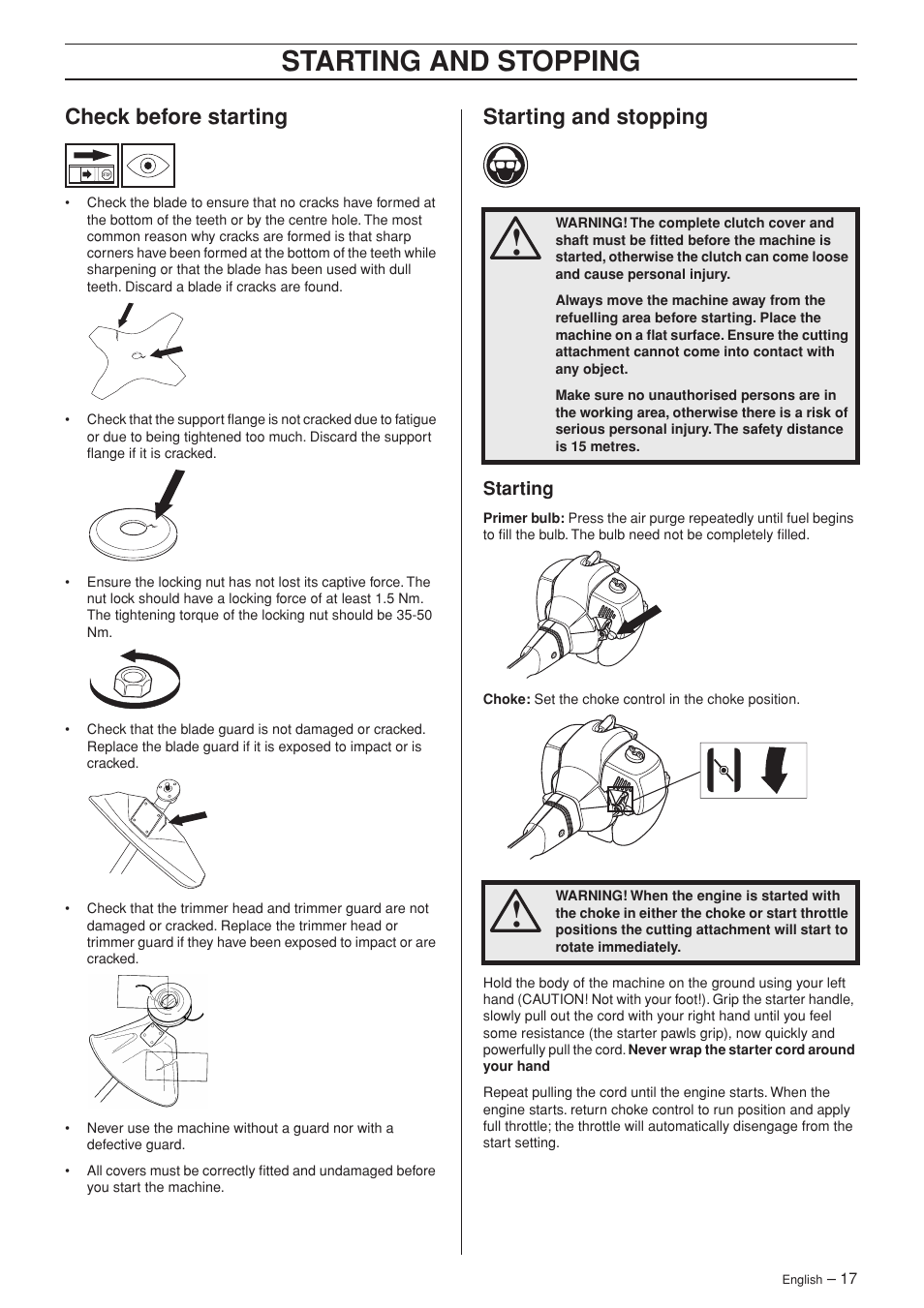 Check before starting, Starting and stopping, Starting | Jonsered GC 2125C User Manual | Page 17 / 36