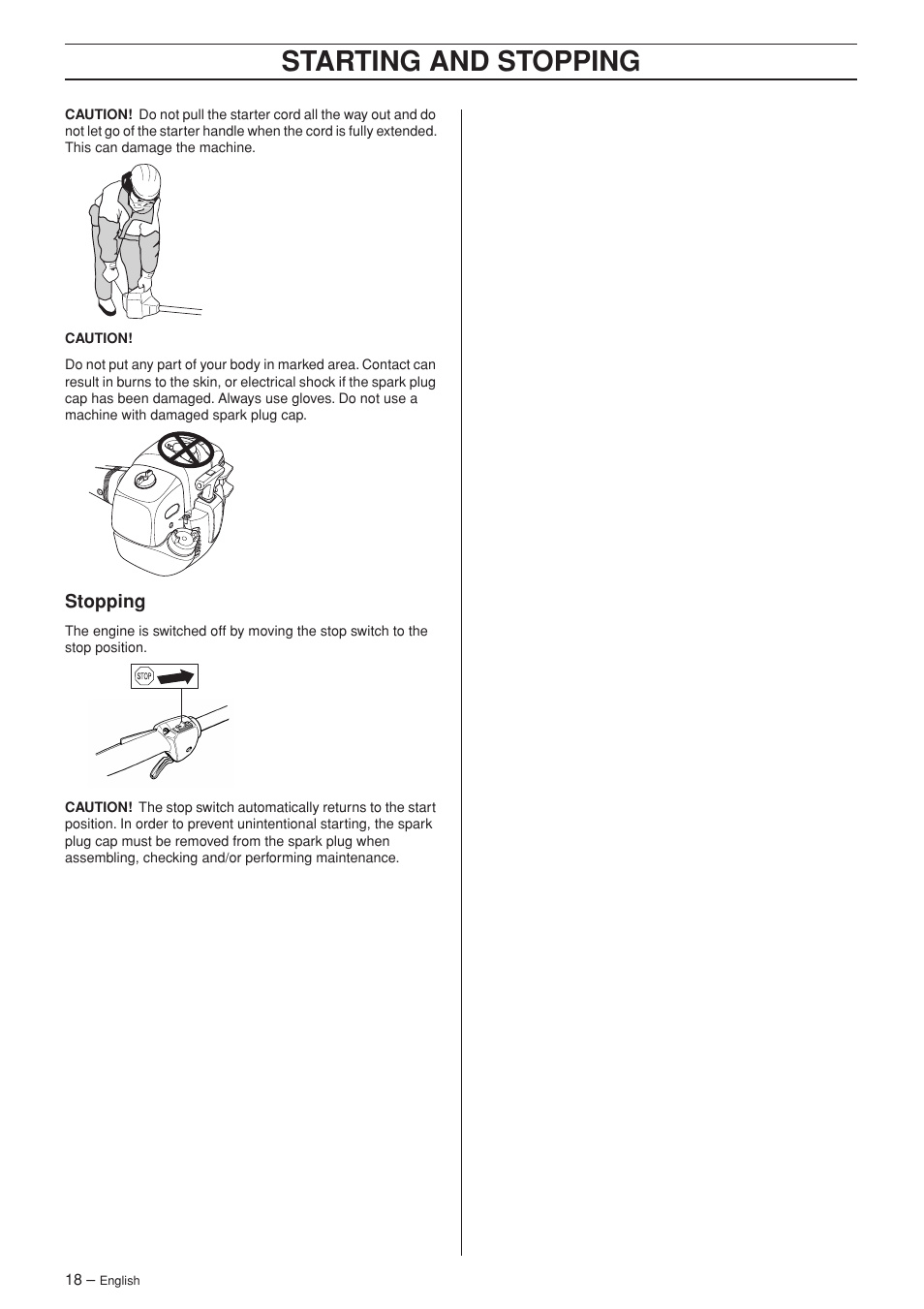 Stopping, Starting and stopping | Jonsered GC 2125C User Manual | Page 18 / 36