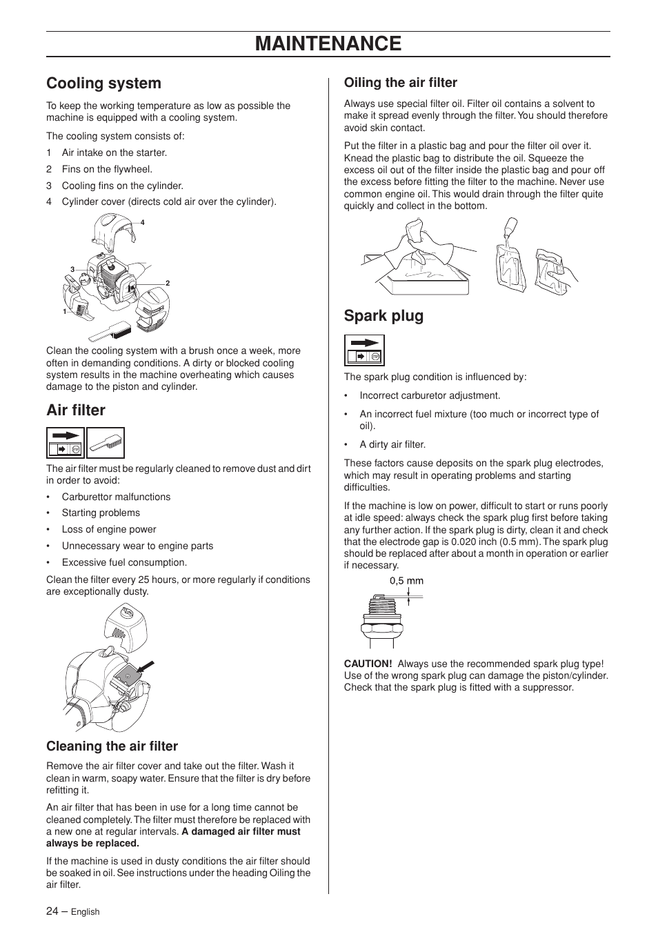 Cooling system, Air filter, Cleaning the air filter | Oiling the air filter, Spark plug, Maintenance | Jonsered GC 2125C User Manual | Page 24 / 36