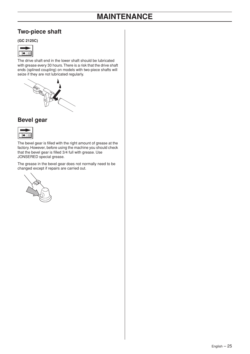 Two-piece shaft, Bevel gear, Maintenance | Jonsered GC 2125C User Manual | Page 25 / 36