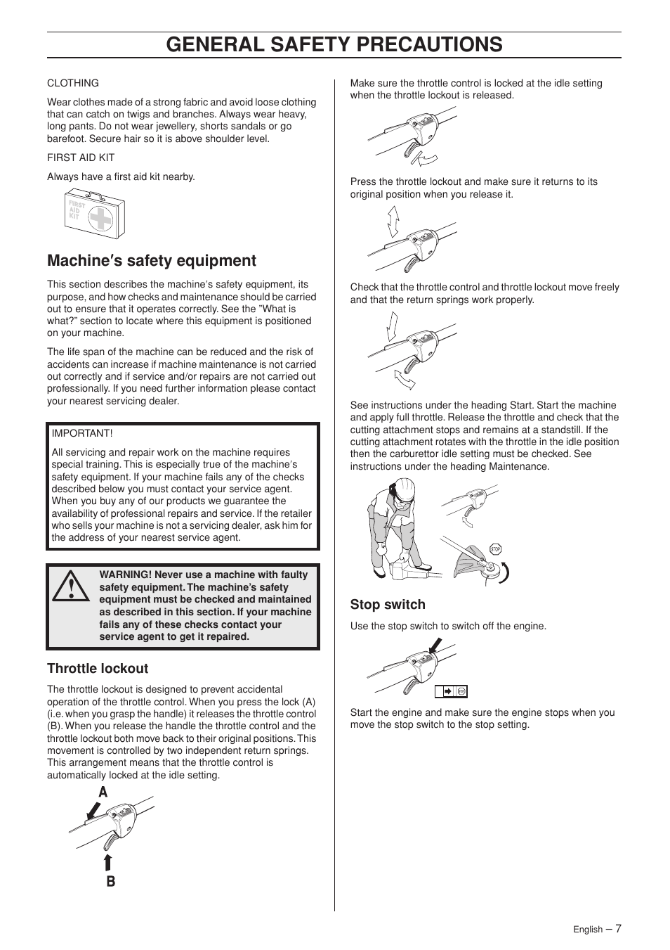 Machine¢s safety equipment, Throttle lockout, Stop switch | General safety preca utions, Mac hine ′′′′ s safety equipment | Jonsered GC 2125C User Manual | Page 7 / 36