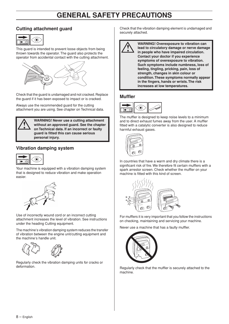 Cutting attachment guard, Vibration damping system, Muffler | General safety preca utions | Jonsered GC 2125C User Manual | Page 8 / 36