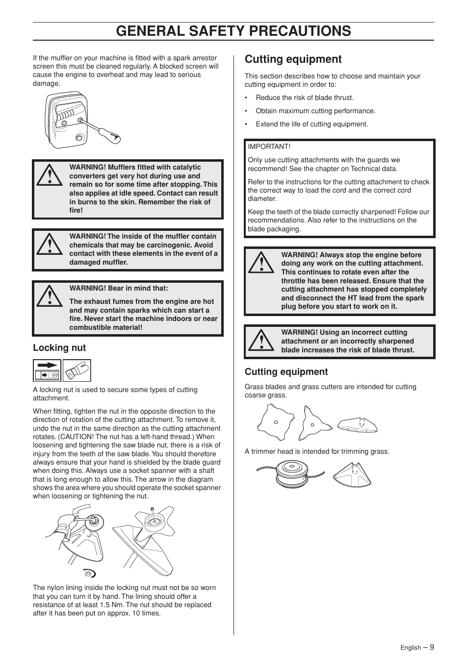 Locking nut, Cutting equipment, General safety precautions | Jonsered GC 2125C User Manual | Page 9 / 36